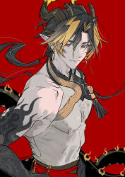 Rule 34 | 1boy, absurdres, arknights, bare shoulders, belt, black pants, black skin, blonde hair, brown hair, chong yue (arknights), colored skin, commentary, dragon boy, dragon horns, earrings, english commentary, grey shirt, highres, horns, jewelry, kaninn, light frown, looking at viewer, male focus, multicolored hair, muscular, muscular male, pants, pectorals, pointy ears, ponytail, red background, red belt, red eyes, shirt, simple background, sleeveless, solo, streaked hair, tail, tassel, tattoo, twitter username, upper body