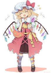 Rule 34 | 1girl, ^ ^, adapted costume, ascot, asymmetrical legwear, blonde hair, bow, candy, closed eyes, flandre scarlet, food, full body, halloween, halloween bucket, hat, highres, jacket, lollipop, pumpkin, rainbow wings, ramudia (lamyun), red bow, red jacket, red skirt, ribbon, shirt, sketch, skirt, smile, solo, star (symbol), swirl lollipop, touhou, white background, white hat, white shirt