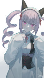 Rule 34 | 1girl, :3, akiha rumiho, animal ears, black vest, borrowed clothes, buckle, cat ears, closed mouth, dated, dress shirt, drill hair, fake animal ears, hair between eyes, hair ribbon, highres, lab coat, long hair, long sleeves, looking at viewer, maid headdress, nao (syn eaa), neck ribbon, pink eyes, pink hair, red ribbon, ribbon, shirt, signature, simple background, smile, solo, standing, steins;gate, twin drills, twintails, vest, white background, white shirt