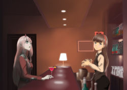 Rule 34 | 10s, 2girls, aqua eyes, bartender, black hair, black vest, blouse, bottle, bow, brown eyes, cocktail, cocktail glass, commentary request, crossover, cup, darling in the franxx, door, drinking glass, from side, hair bow, hairband, highres, hinamatsuri (manga), holding, horns, indoors, kimu ryouma, lamp, long hair, long sleeves, mishima hitomi, multiple girls, necktie, open mouth, pink hair, red hairband, red horns, shaker, shirt, tagme, uniform, vest, white hairband, white shirt, zero two (darling in the franxx)