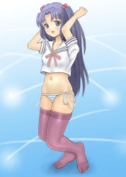 Rule 34 | 00s, 1girl, clannad, feet, hair bobbles, hair ornament, ichinose kotomi, kouhei (sxmas), no pants, panties, side-tie panties, solo, striped clothes, striped panties, thighhighs, two side up, underwear