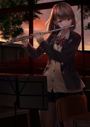 Rule 34 | 1girl, absurdres, backlighting, black jacket, black skirt, blazer, bow, bowtie, brown cardigan, brown eyes, brown hair, building, buttons, cardigan, chair, classroom, cloud, cloudy sky, collared shirt, cowboy shot, desk, evening, flute, hands up, head tilt, highres, indoors, instrument, jacket, long sleeves, looking at viewer, miniskirt, music, music stand, numaguro (tomokun0808), open clothes, open jacket, orange sky, original, playing instrument, pleated skirt, power lines, red bow, red bowtie, school desk, school uniform, sheet music, shirt, short hair, sidelocks, skirt, sky, sleeves past wrists, solo, standing, striped bow, striped bowtie, striped clothes, striped neckwear, sunset, swept bangs, tree, white shirt, window, wing collar