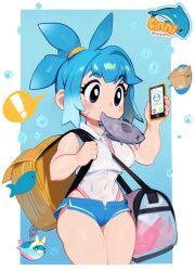 Rule 34 | !, 1girl, air bubble, bag, bag charm, between breasts, black eyes, blue hair, box, breasts, bubble, cardboard box, cellphone, charm (object), commentary, cowboy shot, dolphin shorts, english commentary, facial scar, fish, highleg, highleg leotard, highres, holding, holding phone, leotard, lowleg, lowleg shorts, making-of available, medium breasts, micro shorts, mouth hold, original, petite, phone, ponytail, scar, scar on cheek, scar on face, shorts, smartphone, solo, spoken exclamation mark, strap between breasts, swolefin, thighs, toned, twitter username, watermark, white leotard, x x