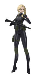 Rule 34 | absurdres, american flag, assault rifle, black bodysuit, black footwear, black gloves, blonde hair, bodysuit, boots, breasts, gloves, gun, harness, high heel boots, high heels, highres, holding, holding gun, holding weapon, impossible clothes, latex, latex bodysuit, long hair, looking to the side, military, mole, mole under eye, original, pouch, rifle, skin tight, tactical clothes, thigh pouch, weapon, white background, wsfw, yellow eyes