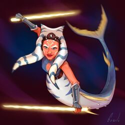 1girl ahsoka_tano alien blue_eyes colored_skin dual_wielding facial_mark glowing glowing_weapon gueliart highres holding lekku_(anatomy) mermaid monster_girl orange_skin signature star_wars togruta weapon