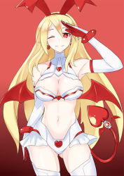 Rule 34 | 1girl, aged up, alternate costume, bare shoulders, blonde hair, bow, breasts, cleavage, demon girl, demon tail, disgaea, earrings, elbow gloves, fang, flonne, flonne (fallen angel), gloves, hair bow, heart, heart earrings, highres, jewelry, large breasts, long hair, looking at viewer, makai senki disgaea, microskirt, navel, neptune (series), one eye closed, paid reward available, pointy ears, power symbol, power symbol-shaped pupils, red background, red eyes, revealing clothes, ribbon, salute, simple background, skindentation, skirt, solo, symbol-shaped pupils, tail, thighhighs, very long hair, white thighhighs, zatsu