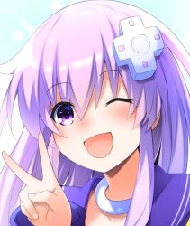 Rule 34 | blinking, blush, d-pad, d-pad hair ornament, doria (p f dolia), hair between eyes, hair ornament, long hair, looking at viewer, nepgear, neptune (series), open mouth, portrait, purple eyes, purple hair, simple background, smile, solo, white background