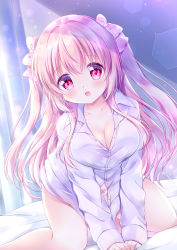 Rule 34 | 1girl, bed, blush, bow, breasts, chiika (cure cherish), cleavage, collarbone, collared shirt, feet out of frame, hair bow, highres, kneeling, large breasts, long hair, no pants, open mouth, original, panties, partially unbuttoned, pink eyes, pink hair, shirt, solo, two side up, underwear, white panties, white shirt