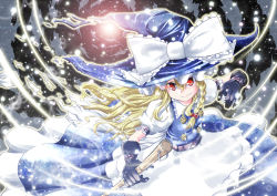 Rule 34 | 1girl, apron, arm up, bad id, bad pixiv id, belt, black gloves, blonde hair, blue dress, bow, braid, dissolving clothes, dress, female focus, gloves, hair ribbon, hat, hat bow, hat ribbon, highres, kirisame marisa, light particles, lights, mini-hakkero, red eyes, ribbon, shiina excel, shirt, smirk, solo, touhou, waist apron, witch, witch hat