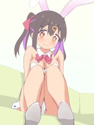 Rule 34 | 1girl, alternate costume, animal ears, bare arms, bare legs, bare shoulders, black hair, bow, bowtie, breasts, brown eyes, cleavage, commentary, detached collar, frown, hair between eyes, hair ornament, hair ribbon, hairclip, highres, leotard, long hair, looking at viewer, medium breasts, multicolored hair, onii-chan wa oshimai!, oyama mihari, purple hair, rabbit ears, red bow, red bowtie, red ribbon, ribbon, shoes, sitting, solo, strapless, strapless leotard, twintails, two-tone hair, unkimo, white footwear, white leotard, wrist cuffs