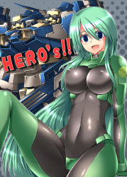 Rule 34 | 1girl, armored core, armored core: for answer, blue eyes, bodysuit, breasts, celebrity ash (armored core), covered erect nipples, female focus, from software, green hair, gun, halftone, halftone background, large breasts, long hair, may greenfield, mecha, ment, rifle, robot, solo, weapon
