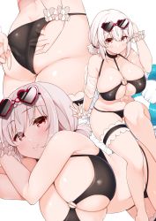 Rule 34 | 1girl, adjusting clothes, adjusting swimsuit, arato asato, ass, azur lane, bare shoulders, bikini, black bikini, blush, breasts, choker, cleavage, closed mouth, collarbone, commentary request, eyewear on head, hair between eyes, hand up, heart, heart-shaped eyewear, highres, huge breasts, innertube, large breasts, looking at viewer, low twintails, multiple views, navel, o-ring, o-ring top, off shoulder, red eyes, scrunchie, see-through, short hair, short twintails, simple background, sirius (azur lane), sirius (scorching-hot seirios) (azur lane), skindentation, smile, sunglasses, swim ring, swimsuit, thigh strap, twintails, white background, white hair, white scrunchie, wrist scrunchie