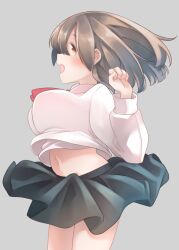 Rule 34 | 1girl, :d, black skirt, blush, breasts, brown eyes, brown hair, clothes lift, collared shirt, comah, grey background, hair between eyes, highres, large breasts, looking at viewer, looking to the side, open mouth, original, pleated skirt, profile, shirt, shirt lift, simple background, skirt, skirt lift, smile, solo, teeth, upper teeth only, white shirt