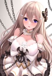 Rule 34 | 1girl, anchor ornament, azur lane, bare shoulders, black bow, bound, bow, breasts, chain, chained, cleavage, commentary request, cuffs, detached collar, detached sleeves, dress, fortune (azur lane), fortune (retrofit) (azur lane), gloves, grey hair, hair between eyes, hair bow, hair ornament, halo, highres, large breasts, long hair, looking at viewer, manda (manda9n), mechanical halo, own hands clasped, own hands together, purple eyes, ribbon, shackles, simple background, solo, striped ribbon, very long hair, white background, white dress