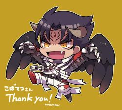 Rule 34 | 1boy, bandages, black hair, black wings, chain, chibi, claws, commission, devil jin, fang, forehead jewel, full body, grey horns, horns, jumping, kazama jin, kotorai, looking ahead, male focus, no nose, open mouth, signature, skeb commission, solo, tekken, thank you, thick eyebrows, translation request, v-shaped eyebrows, wings, yellow background, yellow eyes