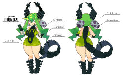 Rule 34 | 1girl, bare shoulders, black footwear, boots, breasts, bright pupils, dress, energy drink, fang, fang out, green dress, green eyes, green hair, height, holding, horns, large breasts, legs together, long hair, looking at viewer, monster energy, monster energy-chan, multiple views, nail polish, original, personification, product girl, sakurai energy, simple background, skin tight, smile, standing, tail, thick thighs, thighs, weight, white background, wide hips