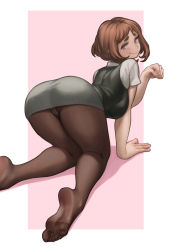 Rule 34 | 1girl, absurdres, ass, blush, boku no hero academia, brown eyes, brown hair, character request, clenched hand, closed mouth, collared shirt, commentary, copyright request, feet, fingernails, framed, from behind, grey pantyhose, grey skirt, highres, lentiyay, looking at viewer, looking back, medium hair, office lady, pantyhose, pink background, shirt, short eyebrows, short sleeves, simple background, skirt, smile, solo, symbol-only commentary, uraraka ochako, white shirt