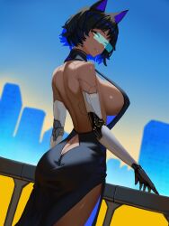 1girl animal_ears ass bare_back black_dress black_gloves blue_hair blue_sky breasts building butt_crack camille_rhodes_(yan_kodiac) cat_ears cat_girl colored_inner_hair commentary dark-skinned_female dark_skin dress from_behind gloves highres large_breasts light_smile looking_at_viewer mecha_musume mechanical_arms multicolored_hair nightgown original outdoors parted_lips short_hair sideboob sideless_dress sideless_outfit sky sleeveless sleeveless_dress smile solo thighs yan_kodiac yellow_eyes