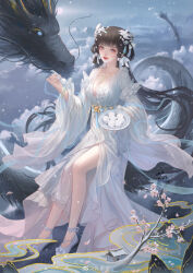 Rule 34 | 1girl, above clouds, bowl, bracelet, branch, brown hair, building, closed mouth, cloud, dragon, dress, food request, hair rings, highres, holding, holding bowl, holding spoon, jewelry, long hair, long sleeves, mountain, original, sitting, smile, solo, spoon, white dress, white footwear, yi zi zi
