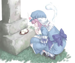 Rule 34 | 1girl, dumpling, eating, female focus, flower, food, full body, ghost, grave, hat, japanese clothes, looking back, mumulatte, nature, outdoors, pink eyes, pink hair, saigyouji yuyuko, solo, squatting, tombstone, touhou