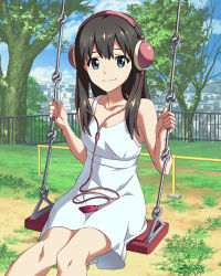 Rule 34 | 10s, 1girl, bare shoulders, blue eyes, brown hair, day, digital media player, dress, headphones, long hair, looking at viewer, official art, outdoors, shimada mayu, sitting, smile, solo, sundress, swing, tree, wake up girls!, wake up girls! stage no tenshi, white dress