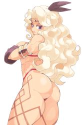 Rule 34 | 1girl, amazon (dragon&#039;s crown), ass, bare shoulders, blonde hair, blue eyes, breasts, curly hair, dragon&#039;s crown, feather hair ornament, feathers, hair ornament, highres, inkerton-kun, long hair, looking at viewer, looking back, medium breasts, muscular, simple background, solo, thighs, toned, white background