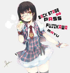 Rule 34 | 1girl, bad id, bad pixiv id, black hair, black thighhighs, blush, glasses, highres, holding, looking at viewer, necktie, one eye closed, open mouth, original, pun2, red-framed eyewear, short hair, simple background, skirt, solo, thighhighs, vest, wink, wrist cuffs, yellow eyes