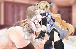 Rule 34 | 1boy, 2girls, bad id, bad pixiv id, bianka durandal ataegina, bianka durandal ataegina (valkyrie gloria), bisexual female, black ribbon, blonde hair, blue eyes, blurry, blurry background, blush, breasts, breasts out, breath, brown hair, censored, closed eyes, clothing cutout, cowgirl position, cross-section, cunnilingus, durandal (imperial regalia), earrings, eyelashes, ffm threesome, gimnang, group sex, hair ornament, hair over one eye, honkai (series), honkai impact 3rd, jewelry, large breasts, long hair, lying, multiple girls, navel, navel cutout, nude, oral, penis, pink eyes, reverse spitroast, ribbon, rita rossweisse, rita rossweisse (artemis), rita rossweisse (maid of celestia), sex, short hair, straddling, threesome, vaginal