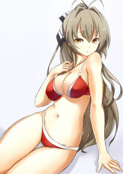 Rule 34 | 10s, 1girl, amagi brilliant park, antenna hair, arm support, asya, bare shoulders, bikini, body blush, breasts, brown eyes, brown hair, cleavage, commentary request, hair between eyes, highres, large breasts, long hair, looking at viewer, navel, o-ring, o-ring bottom, o-ring top, ponytail, red bikini, sento isuzu, shiny skin, sitting, solo, stomach, swimsuit, thigh gap, very long hair