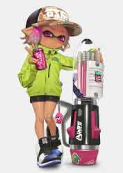 Rule 34 | &gt;:), 1girl, :3, absurdres, arm up, bandaid, bandaid on knee, bandaid on leg, bare legs, baseball cap, blush, can, closed mouth, domino mask, drawstring, drink can, full body, hand rest, hand up, hat, highres, holding, holding can, inkling, inkling girl, inkling player character, jacket, long sleeves, looking at viewer, mask, medium hair, multicolored hair, nintendo, pink hair, pointy ears, puchiman, shoes, shorts, sleeves past wrists, soda can, solo, splatoon (series), standing, standing on one leg, tan, tentacle hair, v, v-shaped eyebrows, zipper, zipper pull tab