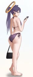 1girl absurdres artz_only ass bag barefoot bikini breasts cellphone commentary english_commentary halo halterneck highres holding holding_phone hololive hololive_english long_hair mole mole_under_eye ninomae_ina&#039;nis phone pointy_ears ponytail purple_bikini purple_eyes purple_hair side-tie_bikini_bottom simple_background small_breasts solo standing string_bikini swimsuit virtual_youtuber white_background