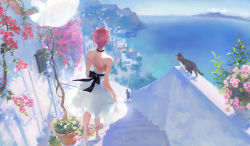 Rule 34 | 1girl, absurdres, animal, back bow, backless dress, backless outfit, bare arms, bare back, bare shoulders, black bow, black choker, bow, building, cat, chinese commentary, choker, commentary request, dress, flower, from behind, high heels, highres, horizon, jojo no kimyou na bouken, leg up, ocean, outdoors, pink flower, pink hair, plant, potted plant, product placement, short hair, solo focus, stairs, strapless, strapless dress, trilo, trish una, vento aureo, white footwear, wide shot