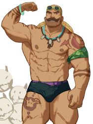 Rule 34 | 1boy, abs, absurdres, bald, bara, bare pectorals, beard, black male swimwear, braum (league of legends), bulge, dark-skinned male, dark skin, erection, erection under clothes, eyewear on head, facial hair, feet out of frame, flexing, hat, highres, large pectorals, league of legends, male focus, male swimwear, mature male, muscular, muscular male, mustache, navel, nipples, official alternate costume, pectorals, ryker, short hair, solo, stomach, straw hat, sunglasses, swim briefs, tan, thick thighs, thighs
