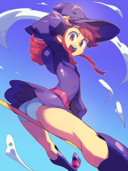 Rule 34 | 10s, 1girl, ass, bad id, bad pixiv id, blue sky, boots, broom, broom riding, broom stick, cloud, hat, highres, kagari atsuko, little witch academia, long hair, looking at viewer, metata, midair, open mouth, panties, red hair, robe, sky, smile, solo, staff, underwear, white panties, witch, witch hat, witch robe