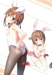 Rule 34 | 10s, 2girls, alternate costume, animal ears, ass, backless outfit, bare shoulders, blush, breast hold, breasts, brown eyes, brown hair, detached collar, fake animal ears, from above, from behind, garter straps, hair between eyes, head tilt, high heels, ikazuchi (kancolle), inazuma (kancolle), kantai collection, leotard, looking at viewer, masuishi kinoto, multiple girls, off shoulder, pantyhose, playboy bunny, rabbit ears, rabbit tail, shima (shima je), sitting, small breasts, standing, tail, thighhighs, thighs, white legwear