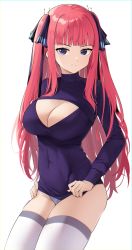 Rule 34 | 1girl, absurdres, artist name, blue eyes, blue panties, blunt bangs, breasts, cleavage, cleavage cutout, closed mouth, clothing cutout, covered navel, go-toubun no hanayome, hair ribbon, highres, large breasts, long hair, long sleeves, looking at viewer, nakano nino, no pants, panties, pink hair, purple sweater, ribbon, skindentation, solo, steeb, sweater, thighhighs, two side up, underwear, very long hair, white thighhighs