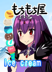 Rule 34 | 1girl, cloak, dress, english text, fate/grand order, fate (series), food, hair between eyes, hair ornament, highres, hisahiko, ice cream, ice cream cone, jewelry, long hair, necklace, purple hair, red eyes, scathach (fate), scathach skadi (fate), smile, solo, translation request