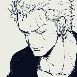 Rule 34 | 1boy, black shirt, blouse, closed mouth, earrings, from side, jewelry, jitome, looking at viewer, monochrome, nose, one piece, roronoa zoro, scar, scar across eye, shirt, short hair, sketch, solo, timeskip, v-shaped eyebrows, very short hair