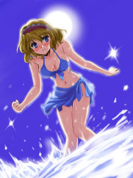 Rule 34 | 1girl, alice margatroid, bikini, blonde hair, blue bikini, blue eyes, blush, breasts, day, female focus, flx, front-tie top, hairband, outdoors, sarong, sky, solo, swimsuit, touhou, water