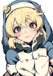 Rule 34 | 1boy, androgyne symbol, blonde hair, blue eyes, blush, bridget (guilty gear), eyelashes, fingerless gloves, gloves, guilty gear, guilty gear strive, hair between eyes, highres, hood, hood up, hooded jacket, jacket, long sleeves, looking at viewer, male focus, parted lips, simple background, solo, trap, upper body, white background, yoruhachi