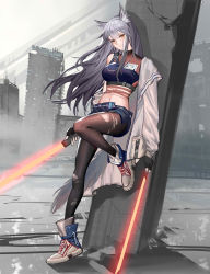 Rule 34 | 1girl, absurdres, alternate costume, animal ear fluff, animal ears, arknights, bare shoulders, black gloves, black shorts, breasts, brown eyes, brown pantyhose, crop top, dual wielding, energy sword, fingerless gloves, full body, gloves, grey hair, head tilt, highres, holding, holding sword, holding weapon, jacket, long hair, long sleeves, medium breasts, midriff, navel, open clothes, open jacket, pantyhose, shadow, shoes, short shorts, shorts, single sidelock, sneakers, solo, standing, standing on one leg, stomach, sword, tail, texas (arknights), thighs, torn clothes, torn pantyhose, weapon, white footwear, white jacket, wolf ears, wolf tail, wuguigui