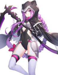 Rule 34 | 1girl, black cloak, black gloves, black leotard, bow, braid, breasts, chain, cloak, closed mouth, commentary request, covered navel, fate/grand order, fate (series), gloves, gluteal fold, groin, hair bow, highres, holding, holding scythe, hood, hood up, hooded cloak, leotard, long hair, looking at viewer, medusa (fate), medusa (lancer) (fate), medusa (rider) (fate), purple eyes, purple hair, red bow, rider, ririko (zhuoyandesailaer), scythe, simple background, single braid, small breasts, solo, thighhighs, very long hair, white background, white thighhighs