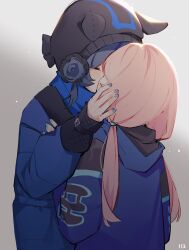 Rule 34 | 2girls, absurdres, animal ears, arknights, blue hair, blue jacket, blue nails, blue poison (arknights), closed eyes, glaucus (arknights), grey background, hair bun, hands on another&#039;s cheeks, hands on another&#039;s face, highres, hood, hood down, hood up, hooded jacket, jacket, kiss, long hair, long sleeves, low twintails, multiple girls, pink hair, ruri (dailybloopy), simple background, twintails, yuri