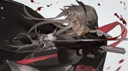 1girl arknights asymmetrical_dual_wielding black_cape black_gloves black_jacket blood bloody_weapon cape capelet chinese_commentary commentary commentary_request cross_scar dual_wielding english_commentary finger_on_trigger gloves grey_background grey_hair gun handgun highres holding holding_gun holding_sword holding_weapon irene_(arknights) jacket long_hair mixed-language_commentary patterned_clothing pink_ribbon pink_skirt rapier reverse_grip ribbon scar scar_across_eye scar_on_face sidongziban skirt solo sword upper_body weapon white_capelet