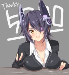 Rule 34 | 10s, 1girl, blush, breast rest, breasts, cleavage, eyepatch, fingerless gloves, gloves, headgear, jiino, kantai collection, large breasts, looking at viewer, open mouth, partially fingerless gloves, purple hair, school uniform, short hair, smile, solo, tenryuu (kancolle), v, yellow eyes