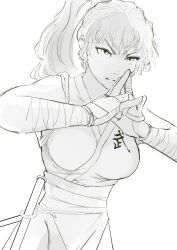 Rule 34 | 1girl, breasts, cleavage, final fight, fingerless gloves, genryuusai maki, gloves, hand gesture, highres, hiroshi mono, large breasts, long hair, looking at viewer, monochrome, ninja, ponytail, solo, street fighter, tonfa, v-shaped eyebrows, weapon