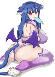 Rule 34 | 1girl, alternate breast size, animal ears, ass, blue hair, blush, breasts, familiar (monster girl encyclopedia), fang, fang out, food, food in mouth, full body, hair down, highres, huge ass, huge breasts, long hair, looking at viewer, looking back, low wings, monster girl, monster girl encyclopedia, mouth hold, nav (itsnav), popsicle, purple thighhighs, red eyes, shoulder blades, simple background, sitting, solo, star-shaped pupils, star (symbol), sweat, symbol-shaped pupils, tail, thick thighs, thighhighs, thighs, wariza, white background, wings