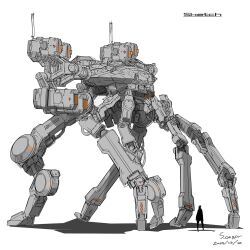 Rule 34 | artist name, cable, chiba shinichi, dated, highres, mecha, no humans, original, robot, science fiction, shadow, silhouette, size comparison, walker (robot), white background
