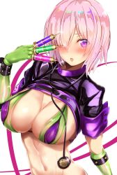 Rule 34 | between fingers, bikini, breasts, cleavage, cosplay, fate/grand order, fate (series), florence nightingale (fate), florence nightingale (fate) (cosplay), florence nightingale (trick or treatment) (fate), florence nightingale (trick or treatment) (fate) (cosplay), gloves, green bikini, green gloves, hair over one eye, highres, holding, large breasts, layered bikini, mash kyrielight, official alternate costume, purple eyes, revealing clothes, short hair, shrug (clothing), solo, stethoscope, swimsuit, syringe, untue