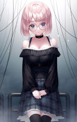 Rule 34 | 1girl, black-framed eyewear, black collar, black shirt, black thighhighs, blue skirt, blush, breasts, cleavage, collar, collarbone, commentary request, frilled shirt, frilled thighhighs, frills, highres, kine-c, long sleeves, looking at viewer, medium breasts, off-shoulder shirt, off shoulder, on railing, original, parted lips, pink hair, plaid, plaid skirt, pleated skirt, puffy long sleeves, puffy sleeves, railing, round eyewear, shirt, short hair, skirt, sleeves past wrists, solo, thighhighs